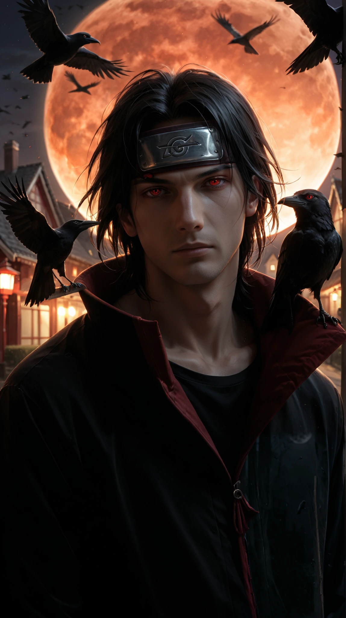 ( review_ questionable:1.2), uchiwa5, black hair, forehead protector, Red Eyes, sharingan, black cover with red details , night , village , red full moon , (1 boy), (male focus), Alone ,crows, American Flat,