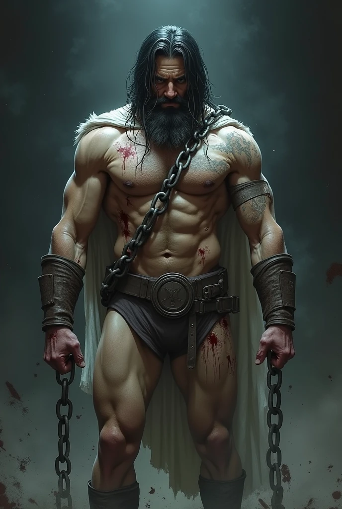 Muscular Samson with wrist chains on temple pillars with eye band p & b