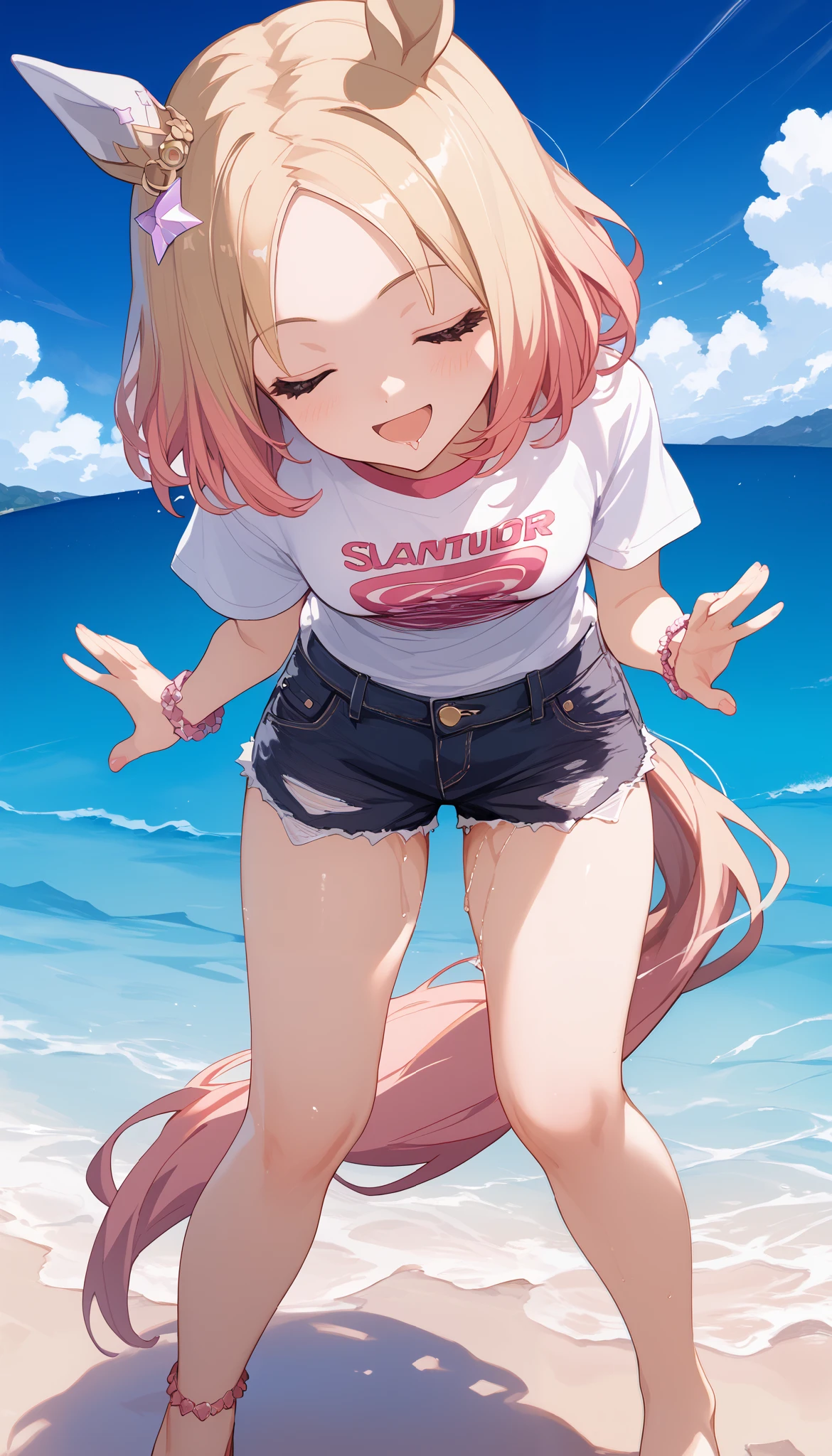Highest quality、masterpiece、beautiful、Detailed、Age: 12、Beach、dynamic pose、Angle from below、smile