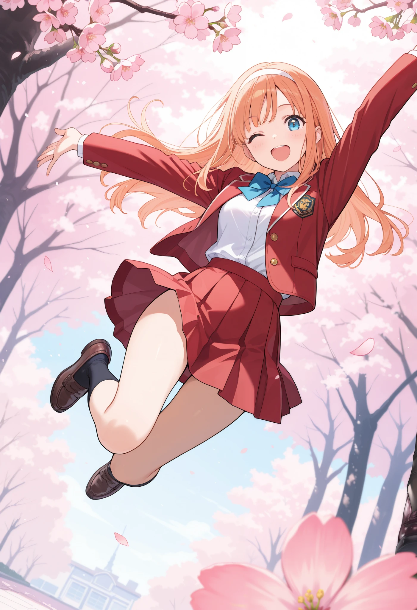 (watercolor:0.4),(pastelcolor:0.4),pastel hues,masterpiece,best quality,high score,great score,absurdres,1girl,alone,white hairband,long hair,school uniform,white shirt,long sleeves,red blazer,red skirt,blue bowtie,Loafer,;d,convenient_arm,jumping,looking_at_viewer,face focus,soft colors,dutch angle,in spring,cherry blossoms background,