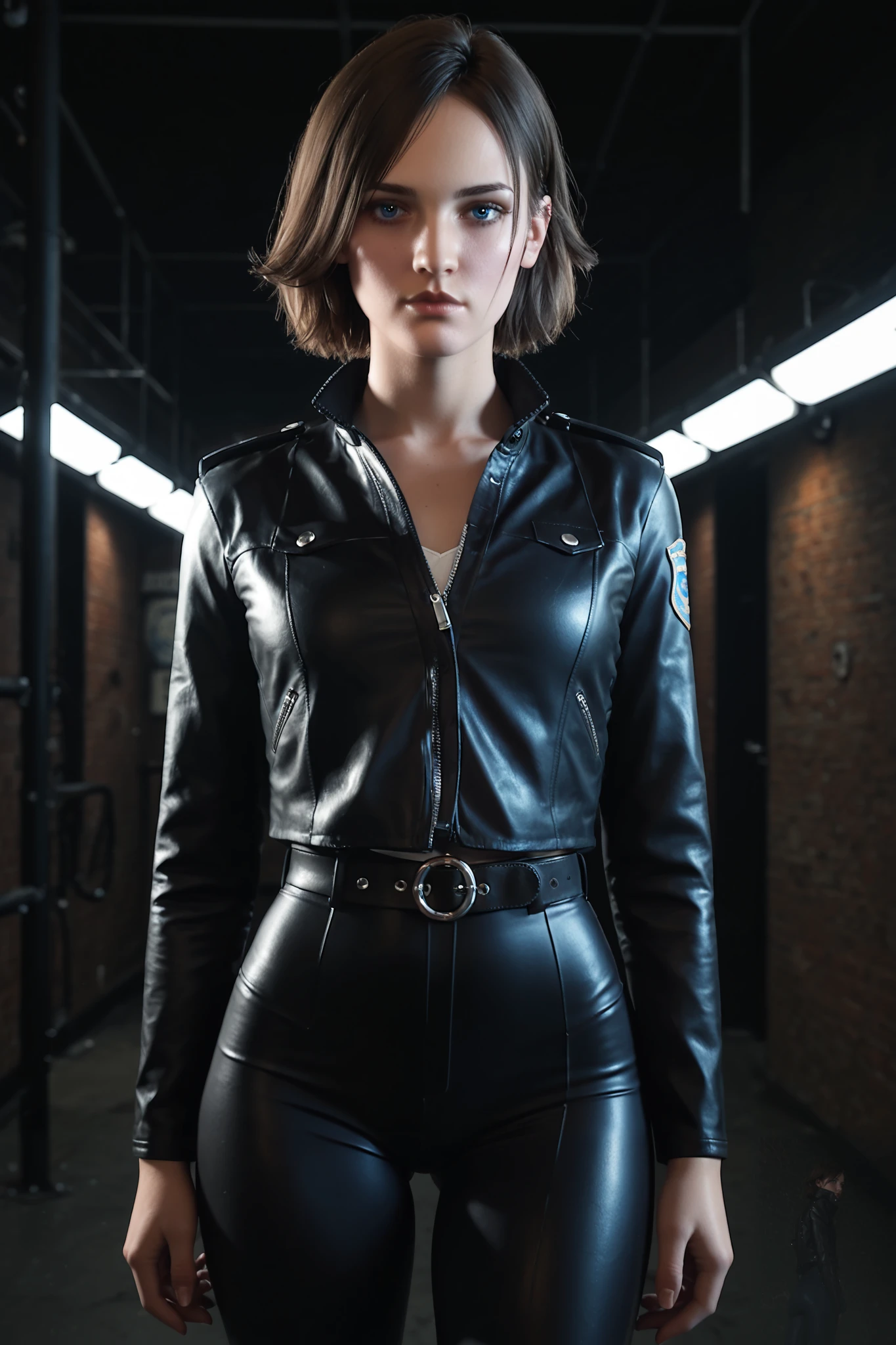 TEW2Juli, 1girl, short dark brown hair, blue eyes, slim body, looking at viewer, standing in a police station, tight leather pants, leather jacket, shirt, warm light, nostalgic and peaceful feeling, dark room, score_9, score_8_up, score_7_up, score_6_up