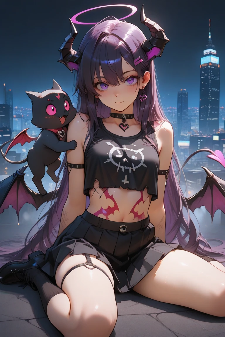 On Neon Street，one female，Long black hair，Black pupils，goat horn，Devil wings，Broken hood，shorter pants，spread their legs，Sheep's hooves