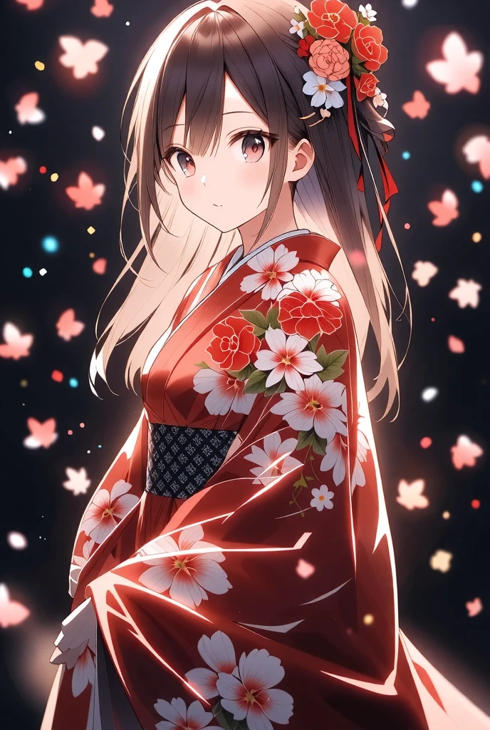 ((illustration, ultra-high detailed, Japanese anime style,   Shinkai Makifu , Beautiful lines, golden ratio full body composition, CG Unity, wallpaper), break ( Beautiful Adult Women, Wearing a Japanese Kimono,  Smile at You , Strongly Willed Gaze, Clear Eyes, full of hope, Aesthetic Realism Colors, Hand with 5 fingers, foot with 5 toes), from side, break (artgrapy style background, The warm arrival of spring, Aesthetic thaw, Beautiful lines, Sharp lines, without distortion, best composition), break 新しい季節の訪れ, black background representing old struggles, aesthetically shining black like lacquer, Expression of melting snow that washes away, attractive contrast between black and white, break 被写体を強調する柔らかな煌き, Dramatically penetrates the light clearly illuminates the desired signpost, extremely transparent dramatic indirect lighting, break \encourages new challenges sakura blizzard,\ Please increase the sharpness of the lines, The background is a vivid dark tone, Note the vivid colors, break 表現力の高い詳細な髪, Traditional hair ornaments made in Japan, It adjusts the overall balance, high contrast), carefully draws intricate details, Nice quality, 