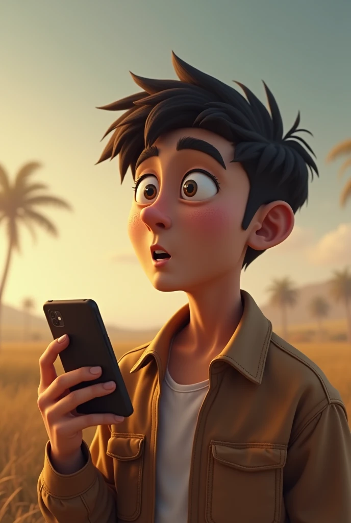 ( male character) from a young boy's animated movie in the Disney Pixar style, high qualiy, best qualityer , beautiful face brown skin, short straight hair , beautiful eyebrow , wears black shirt , wears a backwards cap, is messing with her smartphone, walking down a dirt road in the countryside