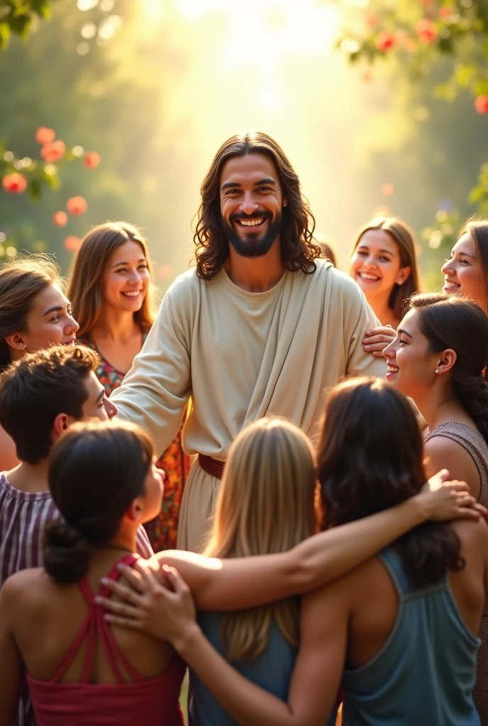 masterpiece), (highly detailed),jesus With his israel children , beautiful, flowers, nature shot, real photography, 8K, HD
