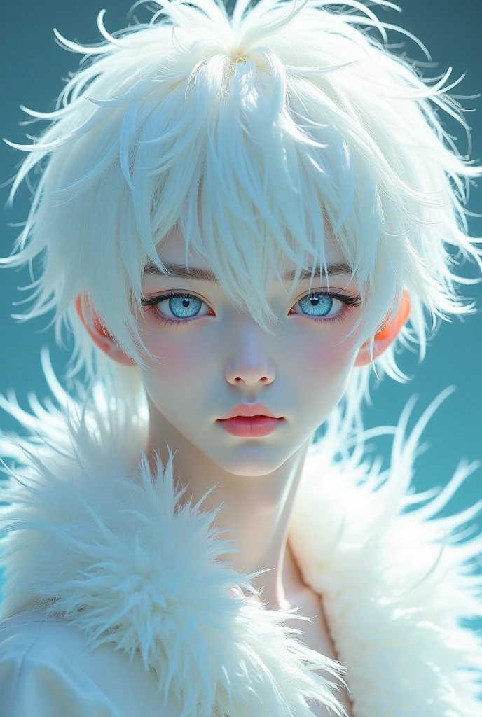 White hair, a boy, teenager, blue eyes, narrow eyes, slanted eyes, light pouring down