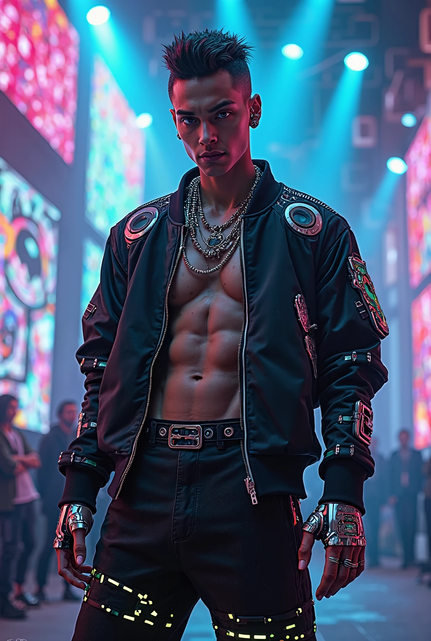Astonishingly Beautiful Cyberpunk 19yo skinny twink boy a combination of Jonathan Brandis and Justin Bieber, gracefully pole dancing shirtless and barefoot for an audience of nudists in a cyberpunk mega structure at midnight. Sleight build. (Provocative risqué Cyberpunk gay pride style.) Provocative arousing pose. Award-winning Avant-garde picture. Very beautiful people in the crowd. Debauchery. Faces in ecstasy