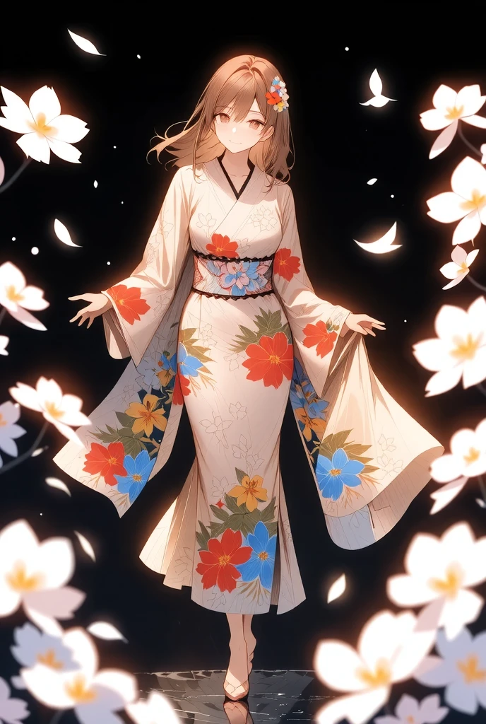 ((illustration, ultra-high detailed, Japanese anime style,   Shinkai Makifu , Beautiful lines, golden ratio full body composition, CG Unity, wallpaper), break ( Beautiful Adult Women, Wearing a Japanese Kimono,  Smile at You , Strongly Willed Gaze, Clear Eyes, full of hope, Aesthetic Realism Colors, Hand with 5 fingers, foot with 5 toes), from side, break (artgrapy style background, The warm arrival of spring, Aesthetic thaw, Beautiful lines, Sharp lines, without distortion, best composition), break 新しい季節の訪れ, black background representing old struggles, aesthetically shining black like lacquer, Expression of melting snow that washes away, attractive contrast between black and white, break 被写体を強調する柔らかな煌き, Dramatically penetrates the light clearly illuminates the desired signpost, extremely transparent dramatic indirect lighting, break \encourages new challenges sakura blizzard,\ Please increase the sharpness of the lines, The background is a vivid dark tone, Note the vivid colors, break 表現力の高い詳細な髪, Traditional hair ornaments made in Japan, It adjusts the overall balance, high contrast), carefully draws intricate details, Nice quality, 