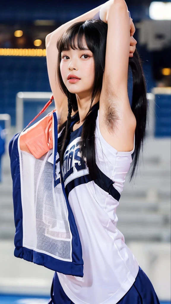 sharp focus,ultra detailed,black medium hair,(face focus,upperbody,close up:1.3),(saggy and gigantic breasts:1.2),(blue cheer uniform),(logo printed vest:1.1),(armpit hair:1.1),cheerful cute japanese woman,(curvy female:1.2),