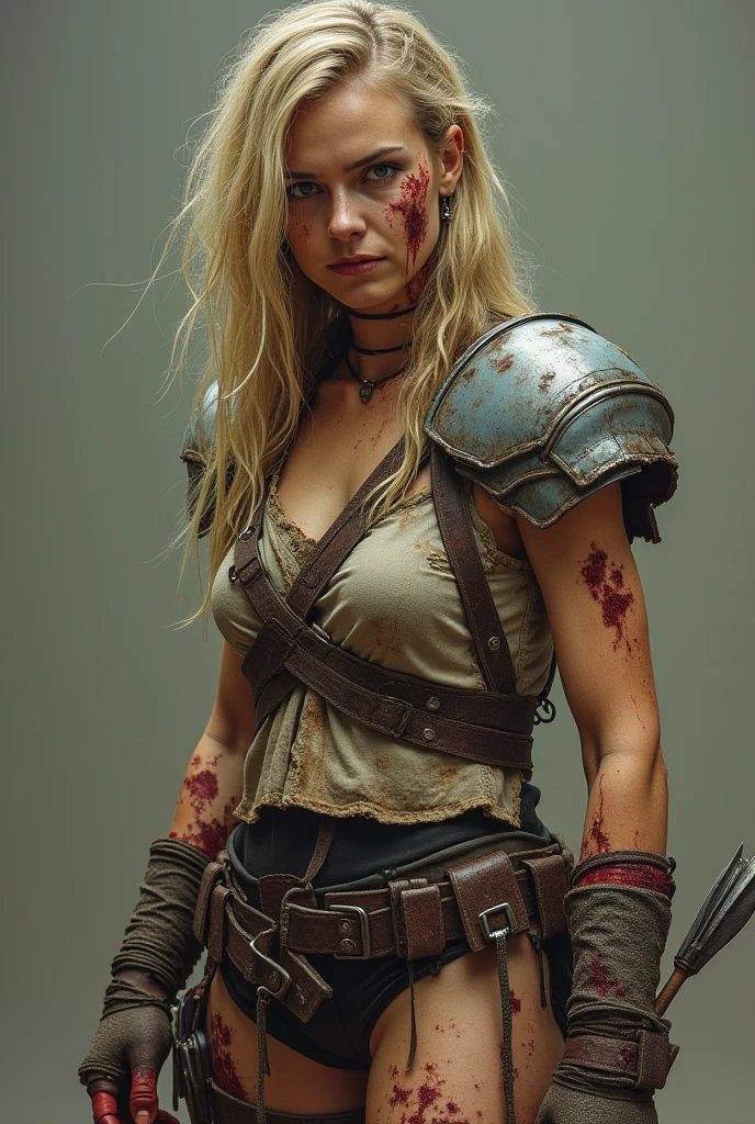 "A young, muscular female warrior in sweat-soaked, dirt-stained undergarments, standing in a dimly lit changing room. Her body is smeared with mud, blood, and sweat, reflecting the intensity of battle. Nearby, her blood-splattered armor lies discarded, her fierce eyes showing exhaustion and strength."silver hair