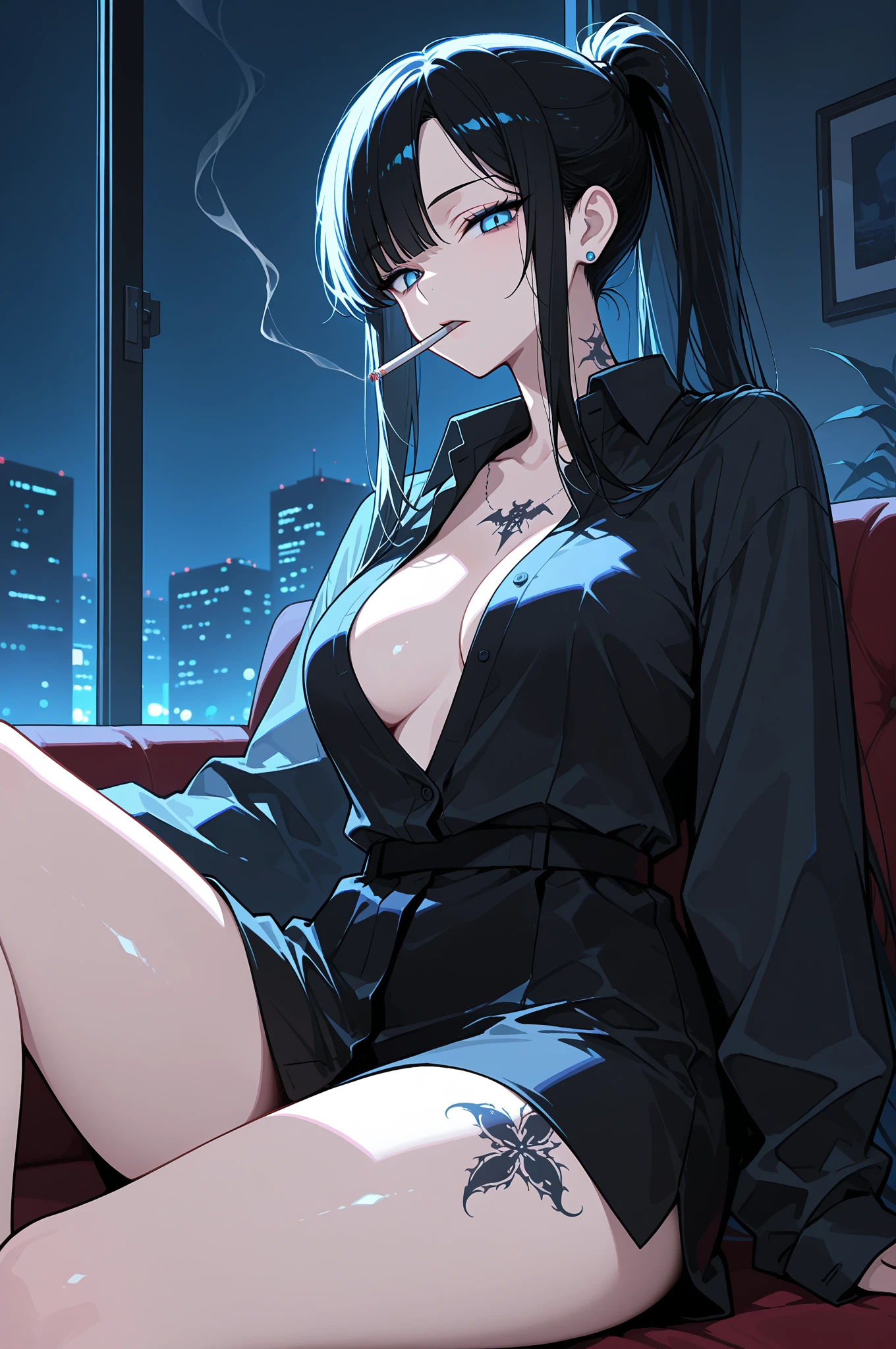 A woman holding a cigarette is gazing into the distance, Black Hair, Long Hair, The tip of the cigarette is red and smoking, Late at night, I'm leaning my elbows on the balcony and looking at the stars, Wearing a tight black T-shirt and jeans, barefoot, I can see that the light in the room is leaking out a little., Unusual face, Handsome, sideshot, 30 years old,