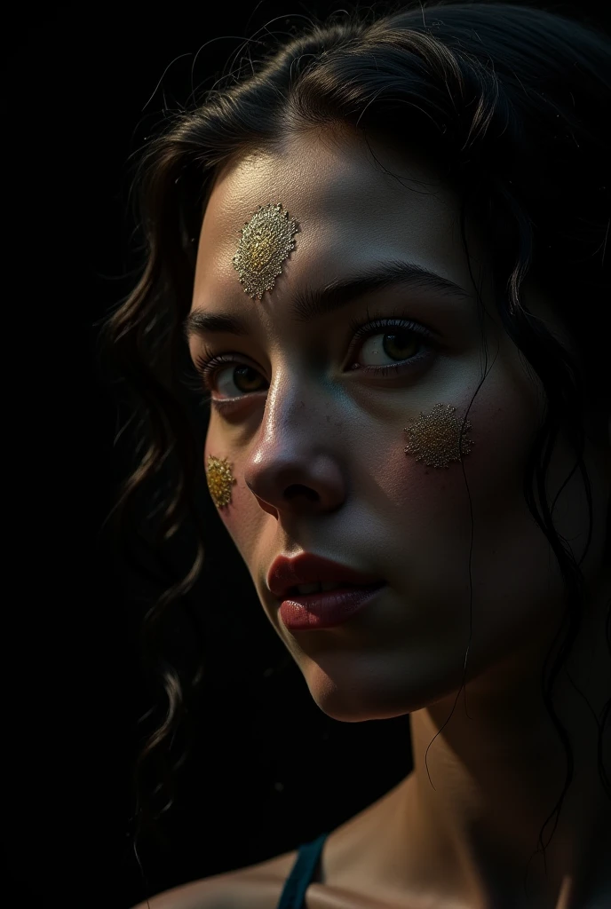 Create an image of a young woman, approximately 27 years old, presented as a superior entity or goddess from a tribal culture. The focus should be on the face, in close-up, captured at a specific oblique angle. She has light red, medium-length, slightly curly hair, adorned with delicate tribal-style tattoos that stretch across her face and neck. Furthermore, she must be adorned with tribal adornments, such as necklaces, earrings or crowns, highlighting her divine position. Her eyebrows should be finely shaped, and her eyes should be almond-shaped, light brown, expressive and medium in size. Her nose is delicate and slightly upturned, with discreet nostrils. Her lips are pink and slightly plump, showing a gentle and welcoming smile, with a subtle shine on her teeth. Her skin is clear and luminous, with a flawless, naturally radiant complexion. The expression on her face is majestic and confident, conveying a sense of power and wisdom, with a direct and engaging look. Please ensure that the generated image captures her full divinity and captivating personality, with accurate and realistic details in her physiognomy, facial expression and tribal adornments."