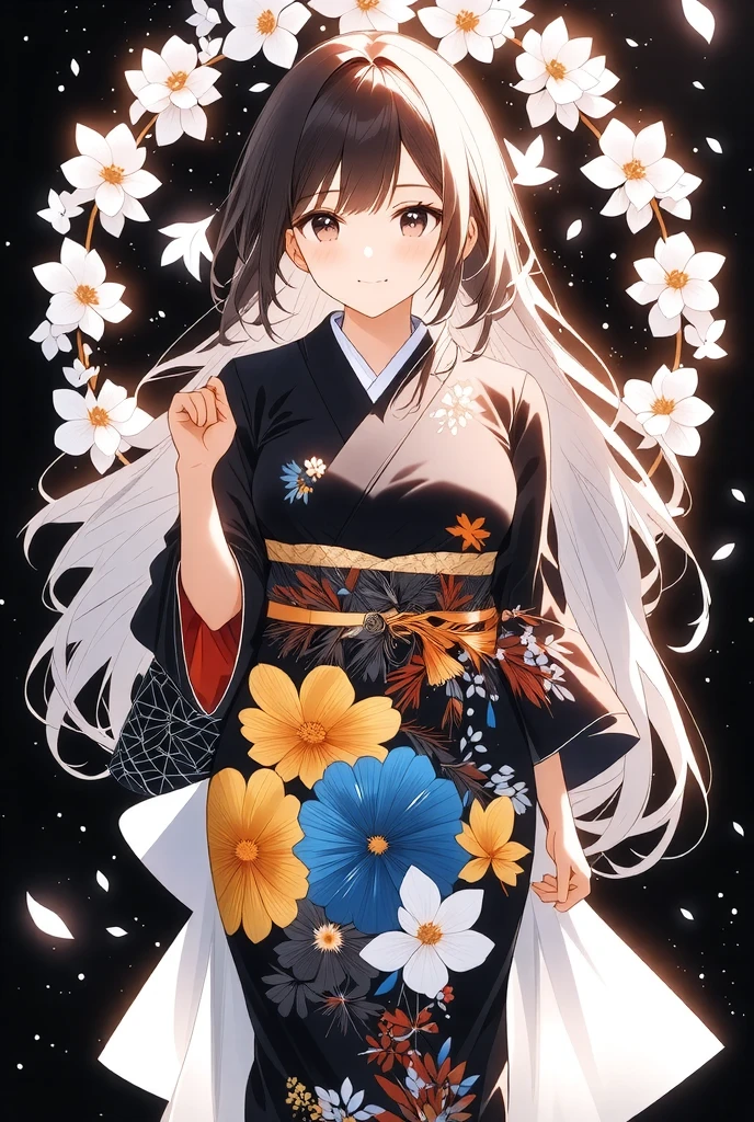 ((illustration, ultra-high detailed, Japanese anime style,   Shinkai Makifu , Beautiful lines, golden ratio full body composition, CG Unity, wallpaper), break ( Beautiful Adult Women, Wearing a Japanese Kimono,  Smile at You , Strongly Willed Gaze, Clear Eyes, full of hope, Aesthetic Realism Colors, Hand with 5 fingers, foot with 5 toes), from side, break (artgrapy style background, The warm arrival of spring, Aesthetic thaw, Beautiful lines, Sharp lines, without distortion, best composition), break 新しい季節の訪れ, black background representing old struggles, aesthetically shining black like lacquer, Expression of melting snow that washes away, attractive contrast between black and white, break 被写体を強調する柔らかな煌き, Dramatically penetrates the light clearly illuminates the desired signpost, extremely transparent dramatic indirect lighting, break \encourages new challenges sakura blizzard,\ Please increase the sharpness of the lines, The background is a vivid dark tone, Note the vivid colors, break 表現力の高い詳細な髪, Traditional hair ornaments made in Japan, It adjusts the overall balance, high contrast), carefully draws intricate details, Nice quality, 