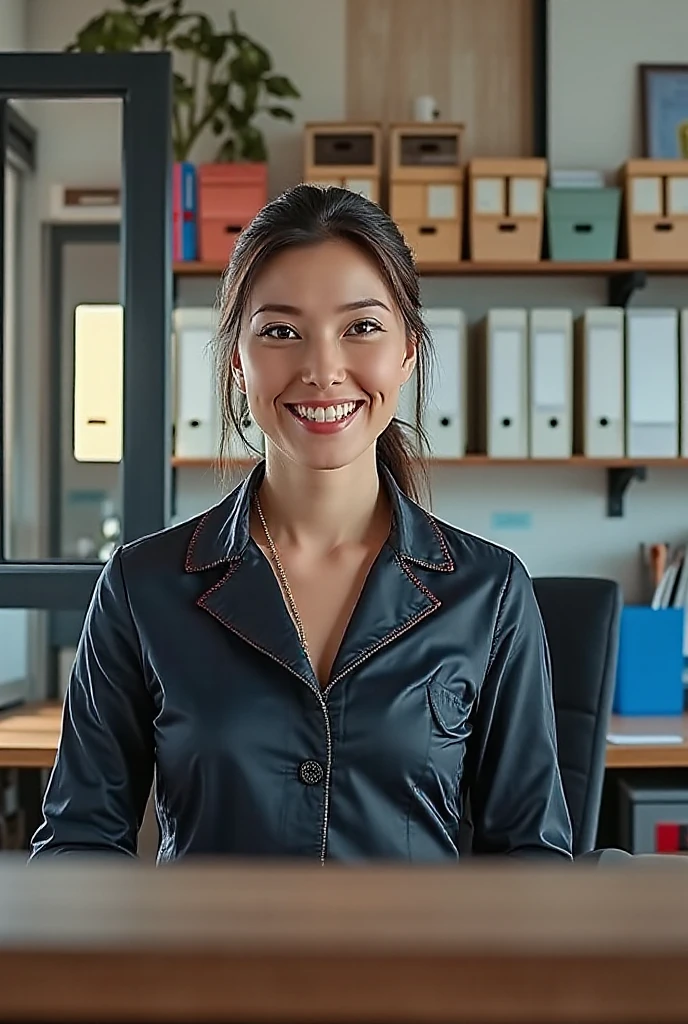 customer service girl, 8k, masterpiece, RAW photo, best quality, photorealistic, extremely detailed CG unity 8k wallpaper, Depth of field, Cinematic Light, Lens Flare, Ray tracing, (extremely beautiful face, beautiful lips, beautiful eyes), intricate detail face, ((ultra detailed skin)), ((1girl:1.9)), ((standing alone:1.9)), ((19years old)), (beautiful and aesthetic:1.2), (big smile:1.2), deep shadow, (sharp focus), [((Raiana-Elizabeth-Dilla:1.9))], pretty girl, (very slim slender fit-muscled body:1.9), (((business-style fashion:1.9))), (((modern office background:1.9))), (shiny skin), clear eyes, (pale skin), soft lighting, (flowing dark-black hair), (looking at viewer:1.9),highly detailed, ultra realistic, extremely detailed and realistic ((red:1.5)) clothes.