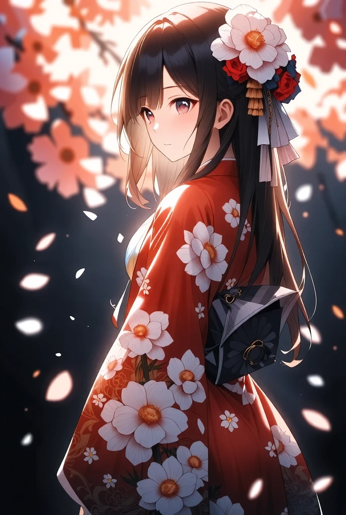 ((illustration, ultra-high detailed, Japanese anime style,   Shinkai Makifu , Beautiful lines, golden ratio full body composition, CG Unity, wallpaper), break ( Beautiful Adult Women, Wearing a Japanese Kimono,  Smile at You , Strongly Willed Gaze, Clear Eyes, full of hope, Aesthetic Realism Colors, Hand with 5 fingers, foot with 5 toes), from side, break (artgrapy style background, The warm arrival of spring, Aesthetic thaw, Beautiful lines, Sharp lines, without distortion, best composition), break 新しい季節の訪れ, black background representing old struggles, aesthetically shining black like lacquer, Expression of melting snow that washes away, attractive contrast between black and white, break 被写体を強調する柔らかな煌き, Dramatically penetrates the light clearly illuminates the desired signpost, extremely transparent dramatic indirect lighting, break \encourages new challenges sakura blizzard,\ Please increase the sharpness of the lines, The background is a vivid dark tone, Note the vivid colors, break 表現力の高い詳細な髪, Traditional hair ornaments made in Japan, It adjusts the overall balance, high contrast), carefully draws intricate details, Nice quality, 