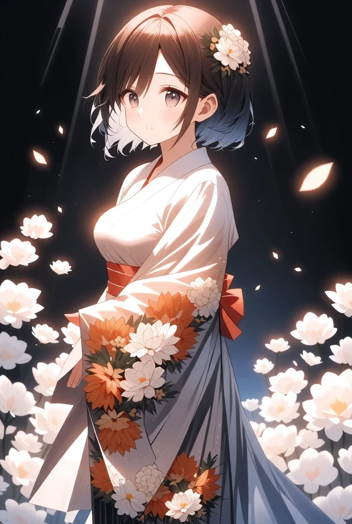 ((illustration, ultra-high detailed, Japanese anime style,   Shinkai Makifu , Beautiful lines, golden ratio full body composition, CG Unity, wallpaper), break ( Beautiful Adult Women, Wearing a Japanese Kimono,  Smile at You , Strongly Willed Gaze, Clear Eyes, full of hope, Aesthetic Realism Colors, Hand with 5 fingers, foot with 5 toes), from side, break (artgrapy style background, The warm arrival of spring, Aesthetic thaw, Beautiful lines, Sharp lines, without distortion, best composition), break 新しい季節の訪れ, black background representing old struggles, aesthetically shining black like lacquer, Expression of melting snow that washes away, attractive contrast between black and white, break 被写体を強調する柔らかな煌き, Dramatically penetrates the light clearly illuminates the desired signpost, extremely transparent dramatic indirect lighting, break \encourages new challenges sakura blizzard,\ Please increase the sharpness of the lines, The background is a vivid dark tone, Note the vivid colors, break 表現力の高い詳細な髪, Traditional hair ornaments made in Japan, It adjusts the overall balance, high contrast), carefully draws intricate details, Nice quality, 