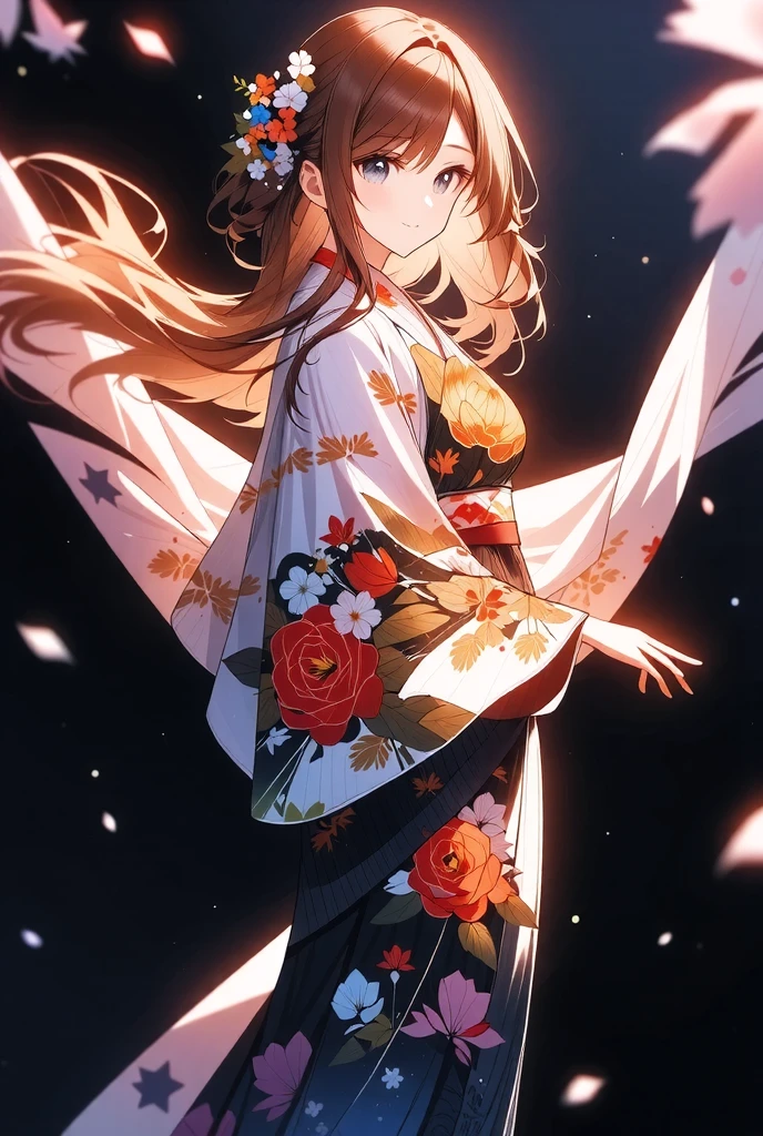 ((illustration, ultra-high detailed, Japanese anime style,   Shinkai Makifu , Beautiful lines, golden ratio full body composition, CG Unity, wallpaper), break ( Beautiful Adult Women, Wearing a Japanese Kimono,  Smile at You , Strongly Willed Gaze, Clear Eyes, full of hope, Aesthetic Realism Colors, Hand with 5 fingers, foot with 5 toes), from side, break (artgrapy style background, The warm arrival of spring, Aesthetic thaw, Beautiful lines, Sharp lines, without distortion, best composition), break 新しい季節の訪れ, black background representing old struggles, aesthetically shining black like lacquer, Expression of melting snow that washes away, attractive contrast between black and white, break 被写体を強調する柔らかな煌き, Dramatically penetrates the light clearly illuminates the desired signpost, extremely transparent dramatic indirect lighting, break \encourages new challenges sakura blizzard,\ Please increase the sharpness of the lines, The background is a vivid dark tone, Note the vivid colors, break 表現力の高い詳細な髪, Traditional hair ornaments made in Japan, It adjusts the overall balance, high contrast), carefully draws intricate details, Nice quality, 