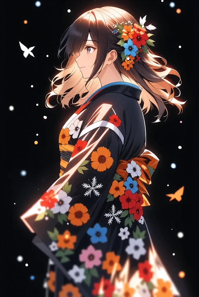 ((illustration, ultra-high detailed, Japanese anime style,   Shinkai Makifu , Beautiful lines, golden ratio full body composition, CG Unity, wallpaper), break ( Beautiful Adult Women, Wearing a Japanese Kimono,  Smile at You , Strongly Willed Gaze, Clear Eyes, full of hope, Aesthetic Realism Colors, Hand with 5 fingers, foot with 5 toes), from side, break (artgrapy style background, The warm arrival of spring, Aesthetic thaw, Beautiful lines, Sharp lines, without distortion, best composition), break 新しい季節の訪れ, black background representing old struggles, aesthetically shining black like lacquer, Expression of melting snow that washes away, attractive contrast between black and white, break 被写体を強調する柔らかな煌き, Dramatically penetrates the light clearly illuminates the desired signpost, extremely transparent dramatic indirect lighting, break \encourages new challenges sakura blizzard,\ Please increase the sharpness of the lines, The background is a vivid dark tone, Note the vivid colors, break 表現力の高い詳細な髪, Traditional hair ornaments made in Japan, It adjusts the overall balance, high contrast), carefully draws intricate details, Nice quality, 