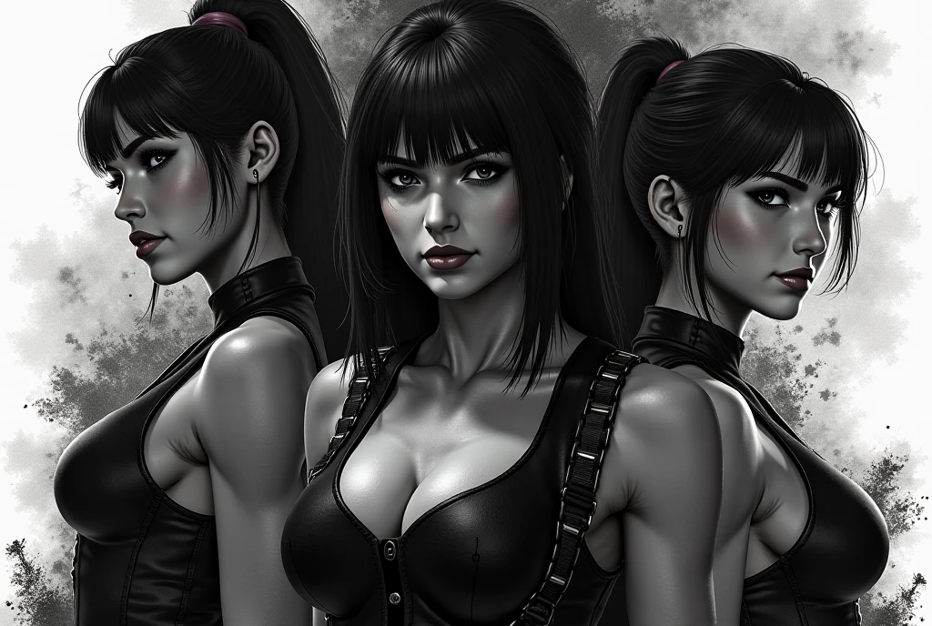 A black latina female( with a medium breasts and a mullet hair, wearing gothic make up, a goth black woman, in a urss uniform, vampire teeths and a soviet cap, with horns in the sides of the cap) another black woman, in a urss uniform, long black hair and a lippiercing and freckles, they both have big thigths and a tigh panties, toutching each other