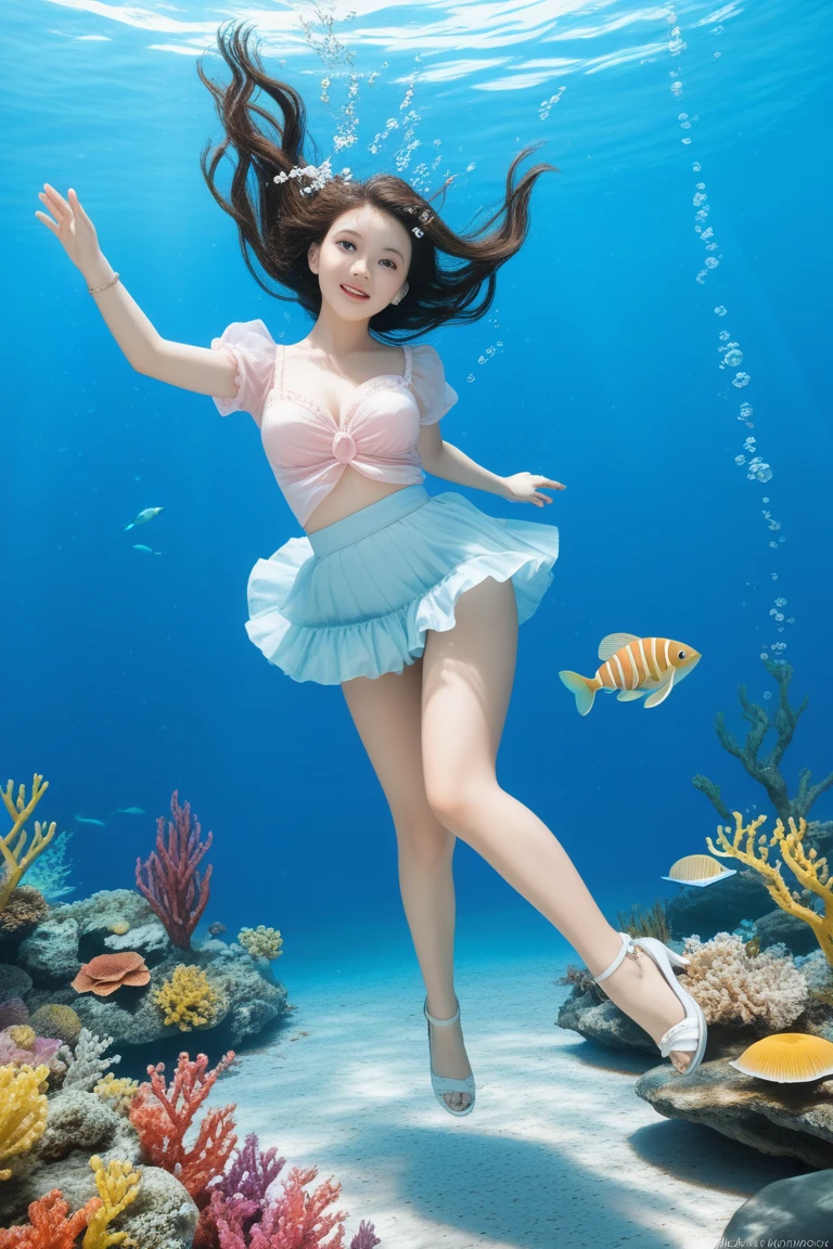 A sexy 13-yr Asian girl is(( wearing transparent mermaids costume sexy full body detail anatomy figure)), wearing transparent two piece scally detailed on skin, wearing scally fish like skin texture body, lifting up plump pussy , wavy blue short hairstyles from the flow water, ((having fish tails instead of toes))((goblin ears))(scally fish arms & legs))((showing feets near camera)) (accurate details of hands & fingers)) hard big errect nipples, open legs splitting position,exposed pussy line, exposed panties, exposed pussyline, smiling with teeth exposed. Sparkling gray eyes, charms, face details & fucos skin texture colored blue, swimming under the ocean showing corals, urchins, fish, turtle, whale, bubbles of air for accurate background masterpiece ((with full blue fish like scales skin textured all over her body)) (( has gills)) swimming with ocean current waves under the sea