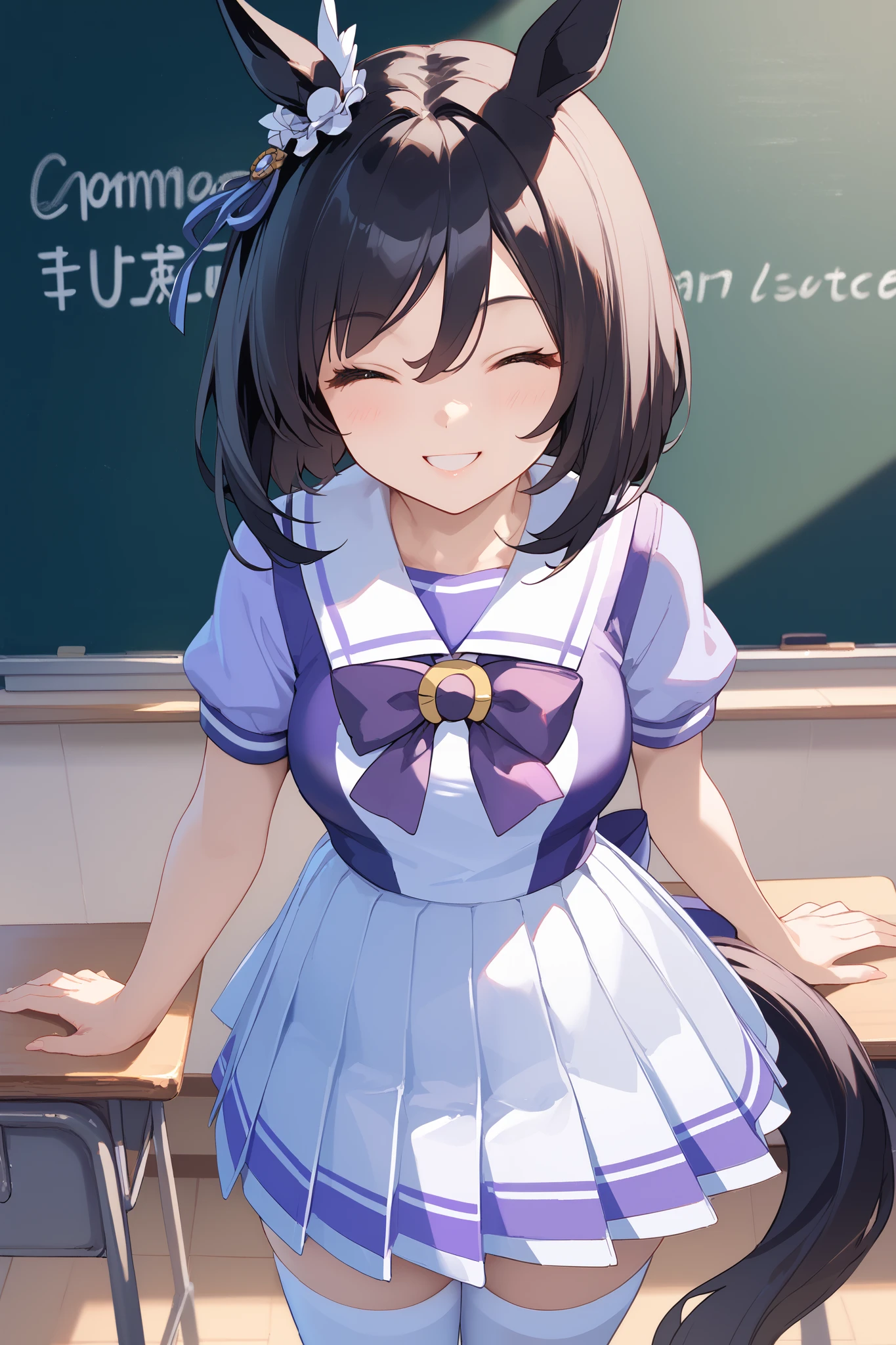 eishinUniform , animal ears, ear ornament, tail, medium hair, white sailor collar, purple shirt, purple bow, short sleeves, white skirt, white thighhighs,(( standing)),(best smile),(eyes closed),School classroom,(standing in front of a blackboard),I'm dyeing my cheeks a little red,Super upshot of the character,1 girl, Alone, anime style,cute girl,Best Quality, super detailed, anime style,8k, high resolution, detailed face, (Above the thighs image),Character's Upgraded Image,((Smooth Thighs)),((character up image from the thigh)),front view