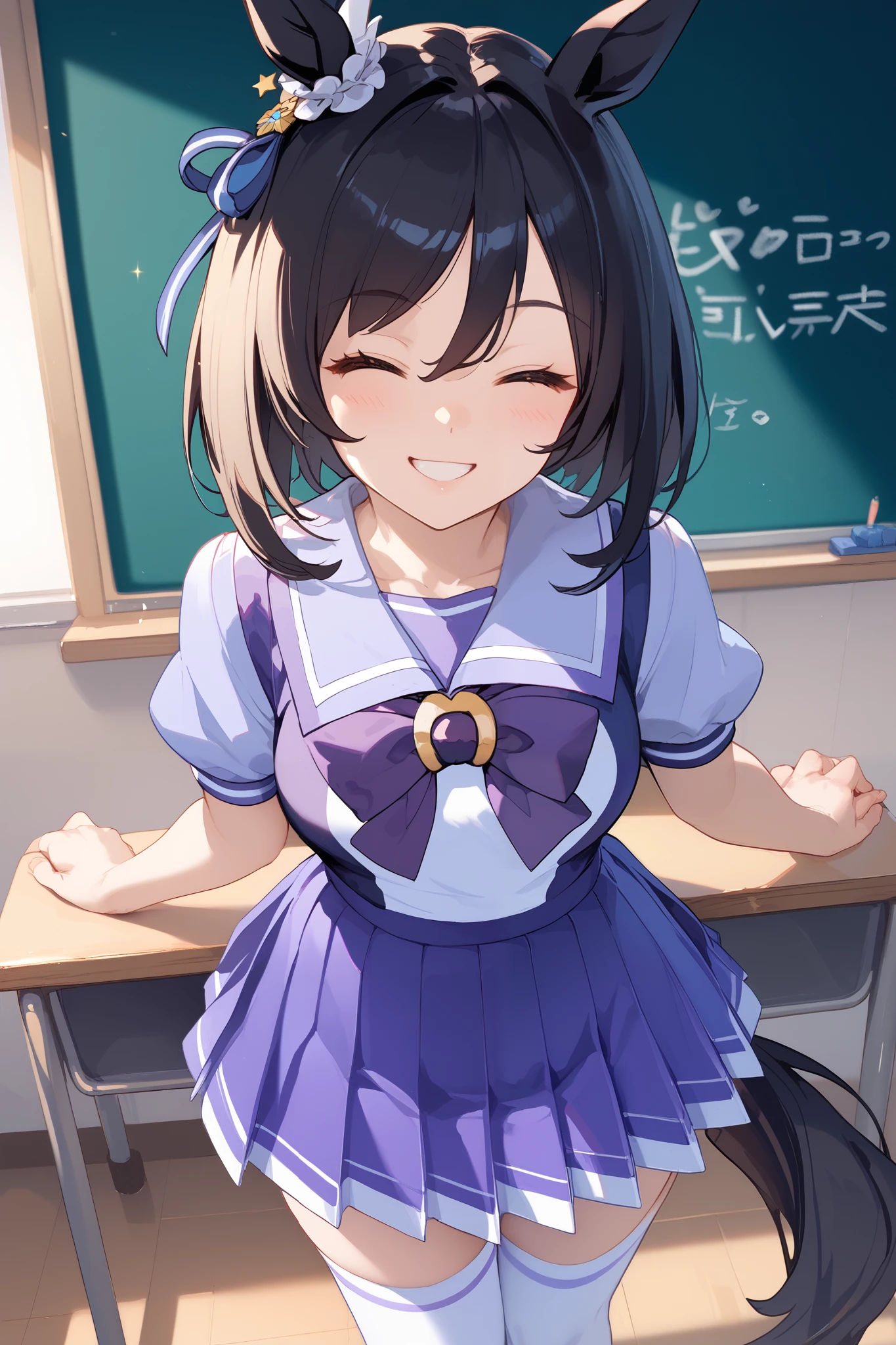 eishinUniform , animal ears, ear ornament, tail, medium hair, white sailor collar, purple shirt, purple bow, short sleeves, white skirt, white thighhighs,(( standing)),(best smile),(eyes closed),School classroom,(standing in front of a blackboard),I'm dyeing my cheeks a little red,Super upshot of the character,1 girl, Alone, anime style,cute girl,Best Quality, super detailed, anime style,8k, high resolution, detailed face, (Above the thighs image),Character's Upgraded Image,((Smooth Thighs)),((character up image from the thigh)),front view