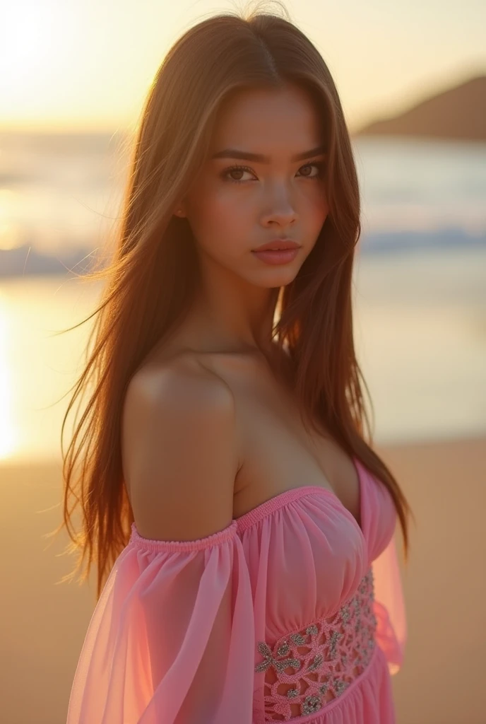 1girl, beach, bikini, ocean, sunset, detailed eyes, beautiful detailed lips, extremely detailed face, long eyelashes, windblown hair, (best quality,4k,8k,highres,masterpiece:1.2),ultra-detailed,(realistic,photorealistic,photo-realistic:1.37),vibrant colors, dramatic lighting, cinematic, award winning photograph, golden hour