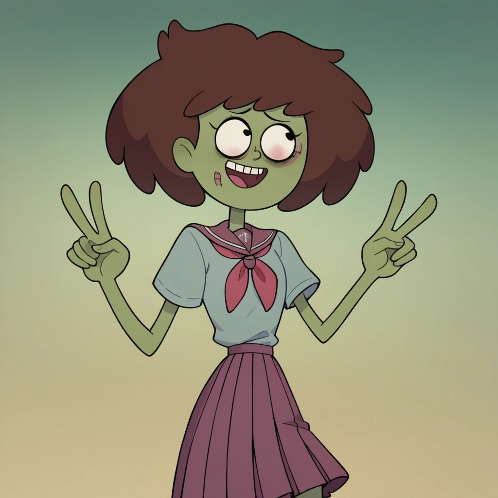 score_9, score_8_up, score_7_up, 1girl, Boonchuy, dark skin, brown hair, medium hair, flat chest, narrow waist, wide hips, zombie pose , school uniform, v, highres, high quality, masterpiece, green skin, zombie, zombified, zombie transformation, zombie pose, hungry,