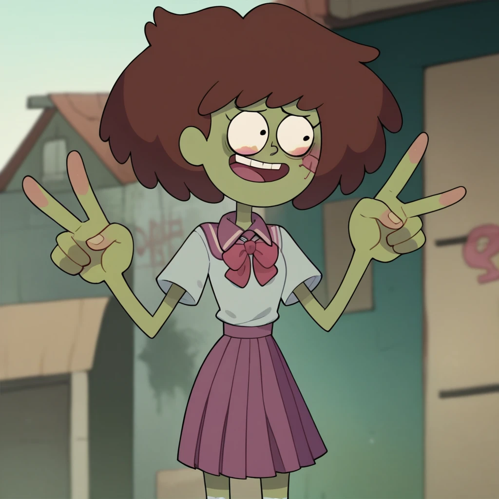 score_9, score_8_up, score_7_up, 1girl, Boonchuy, dark skin, brown hair, medium hair, flat chest, narrow waist, wide hips, zombie pose , school uniform, v, highres, high quality, masterpiece, green skin, zombie, zombified, zombie transformation, zombie pose, hungry,