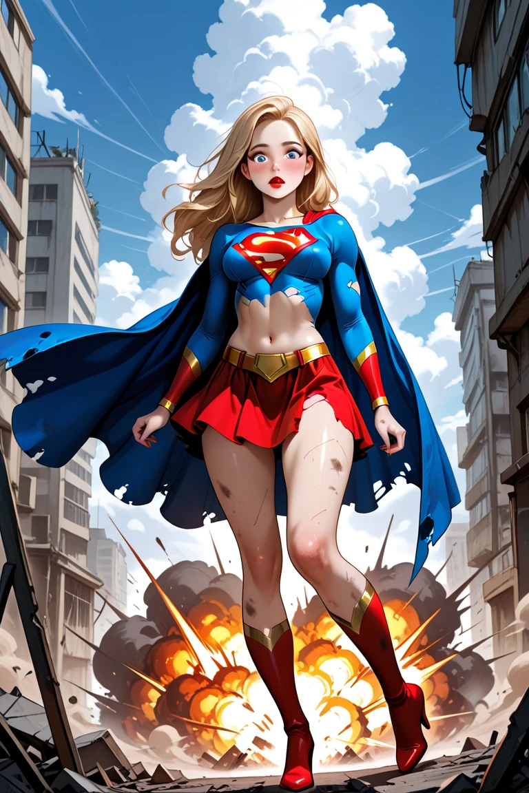 (AS-YoungV2:1.3), (detailed eyes:1.3), Beautiful Lighting, (1girl:blue  eyes, blonde hair, absurdly long hair, ahoge, eyebrows visible through hair), (real skin), <lora:l - L| :1>,
 <lora:superman_oc:1>, superman_oc, 1girl, Destruction, Struggling, (torn clothes:1.15), <lora:l-a |tT:0.6>,, (outdoors:1.3), (alley),