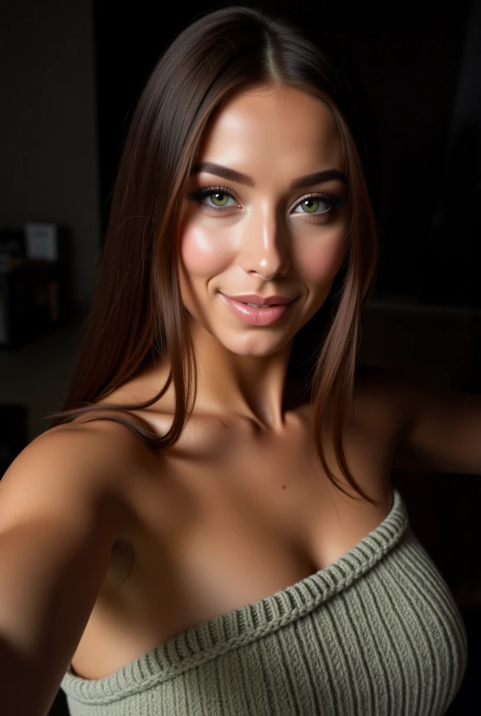 Photo d'une femme brune de 20 ans, Here's a three-nature visa, Fine lips, Yeux fins, sourcils fins, nez mince, earrings, Cils longs. She makes a joli selfie with a cup of coffee