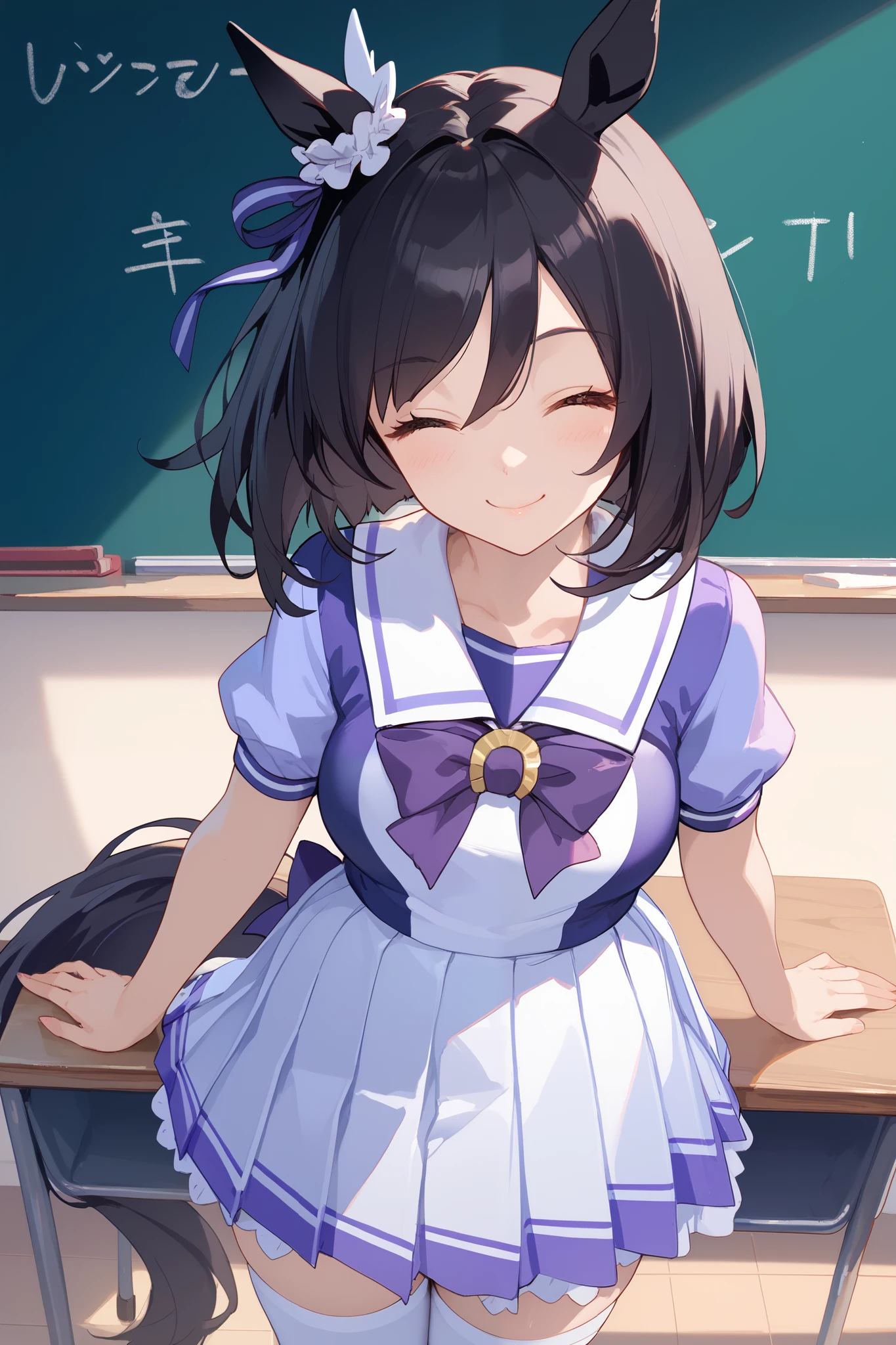 eishinUniform , animal ears, ear ornament, tail, medium hair, white sailor collar, purple shirt, purple bow, short sleeves, white skirt, white thighhighs,(( standing)),(best smile),(eyes closed),School classroom,(standing in front of a blackboard),I'm dyeing my cheeks a little red,Super upshot of the character,1 girl, Alone, anime style,cute girl,Best Quality, super detailed, anime style,8k, high resolution, detailed face, (Above the thighs image),Character's Upgraded Image,((Smooth Thighs)),((character up image from the thigh)),front view
