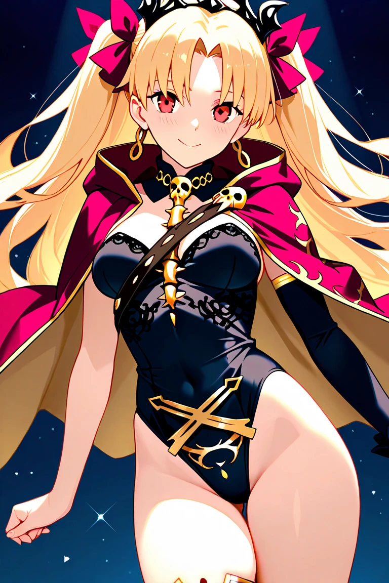 Young, blonde haired girl, medium breasts, black low-cut crop top, fishnet leggings with red bands at the top, purple cloak, gold necklace to draw attention to cleavage, smile, smiling, sexy pose