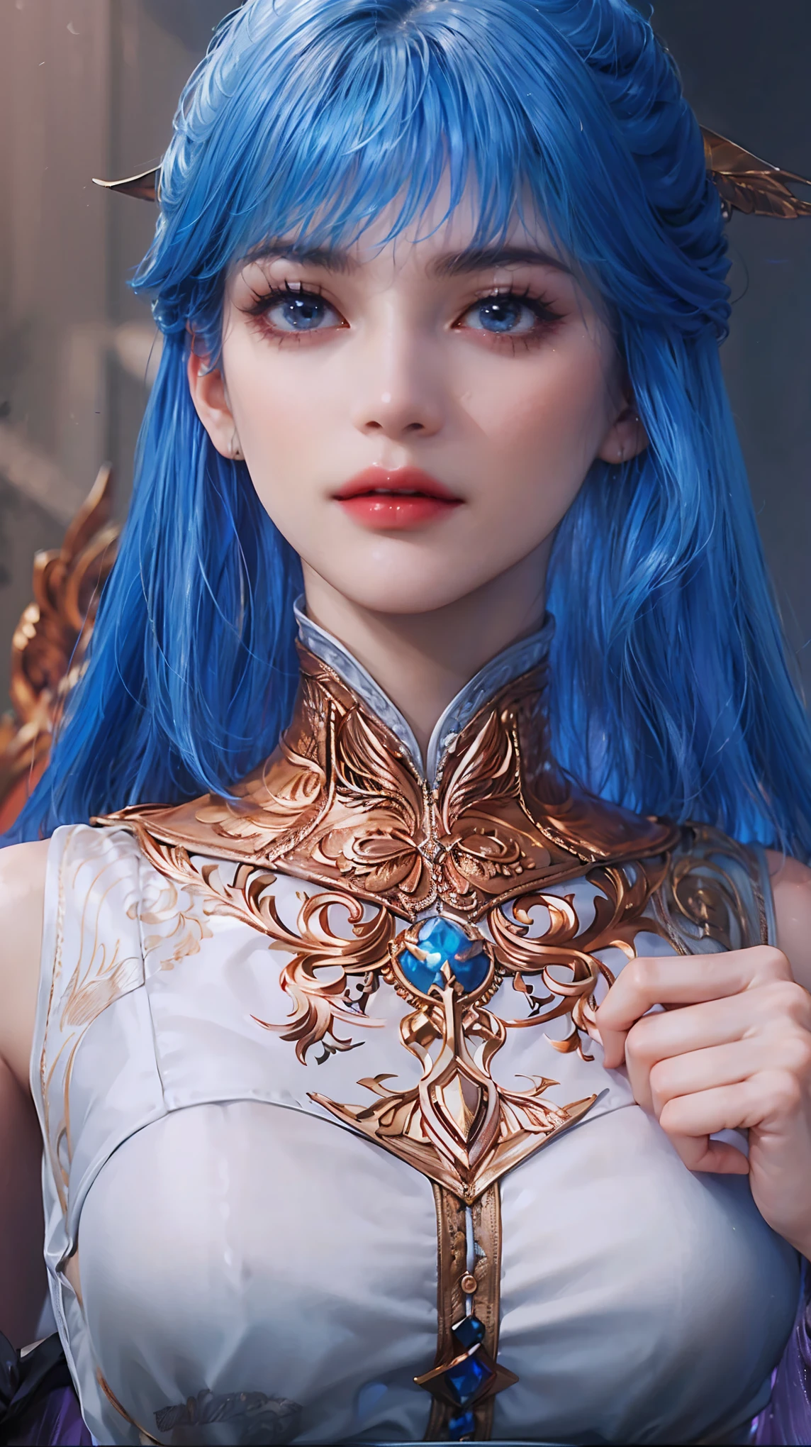 ( fullbody shot:3.0) Teenager, Sinewy, Gypsies, Steel gray eyes,    Pointed Jaw, Soft Cheeks, Flat Forehead,  Sculpted Shoulders, Natural "no-makeup" makeup , Pastel Blue Fishtail braid hair, Puzzlement wearing F41Arm0rXL <lora:Fae_Armor_XL:1>