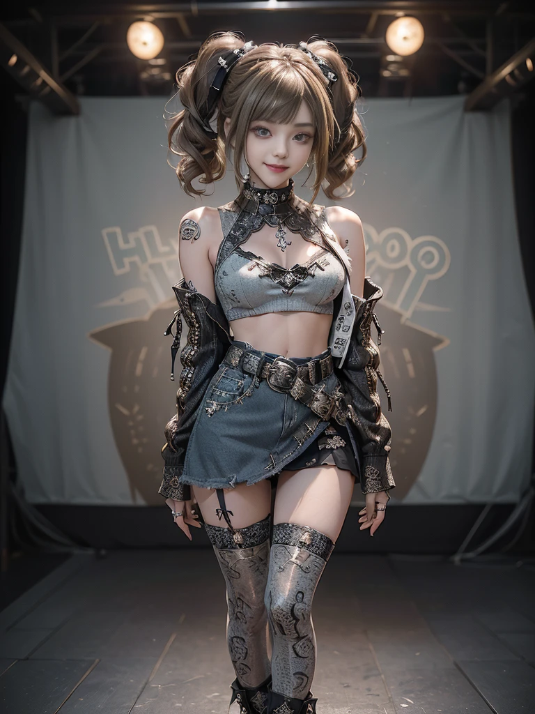(Full Body View:1.2)、(Side view:1.1)、(Smiling with teeth showing:1.3),(Shibuya Gal:1.5)、(Beautiful hookers in Las Vegas:1.4)、(Neo-Goth Fashion:1.5)、(Punk RockVisual Kei:1.3)、(Futuristic white, black and denim bodysuit:1.5)、(A delicate denim and white cardigan:1.5)、(Gorgeous decorated corset:1.4)、(denim garter belt:1.5)、(Denim and white cargo pants:1.3)、(Heart-shaped silver accessories:1.5)、(Brown Skin Belt:1.4)、(Blue High Heels:1.4)、(Lace underwear:1.4)、20-year-old、Browsing Caution,((Highest quality、In 8K、masterpiece:1.3))、Sharp focus:1.2、(Layered Cut、Huge breasts:1.1),Beautiful woman with perfect figure:1.4、(Doing an aerobics pose:1.3)、Slim Abs:1.2、Butt、Highly detailed face and skin texture、Fine grain、double eyelid,(Twin tails:1.3)、(Brownish golden hair:1.3)、Obscene、Idol Sculpture、(The background is a sunny fashion show stage.:1.3)、(Slimming your legs:1.4)、(The body is slim:1.3)、(clavicle:1.1)