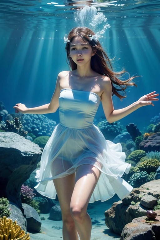 Best quality,tmasterpiece,Partial underwater photography,Reflectors,Blonde 1.3 ,Messy hair floating,slimfigure,Hanfu,long leges