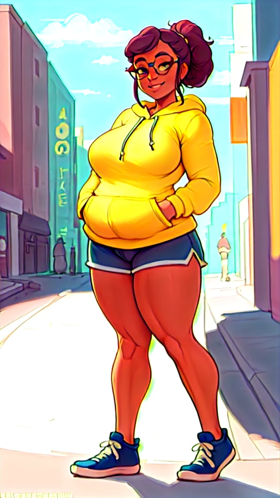 1 woman, devil , Red skin , black short hair , red eyes , sly face , smile , Jacket , black bikini , abdomen, big breasts, Long legs , stand on your hips... , canvas shoes , full body , bus stop