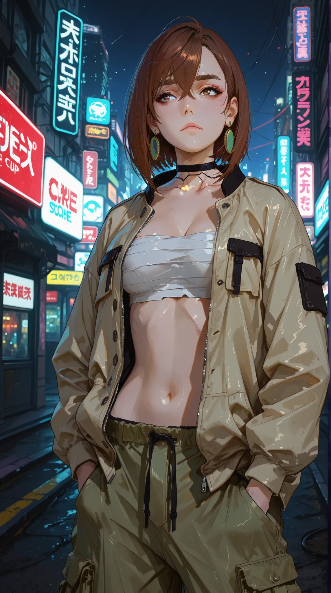 Score_9, score_8_up, score_8, score_7_up, expressiveh, rating_explicit, masterpiece, hyperdetailed, source_anime, sinozick style, 1girl, momo ayase, short hair, brown hair, brown eyes, bangs, thick eyebrows, medium breasts, earrings, black choker, sarashi, open jacket, khaki cargo pants, hands in the pockets, cowboy shot, cyberpunk style, night, city in the background, PRSNL