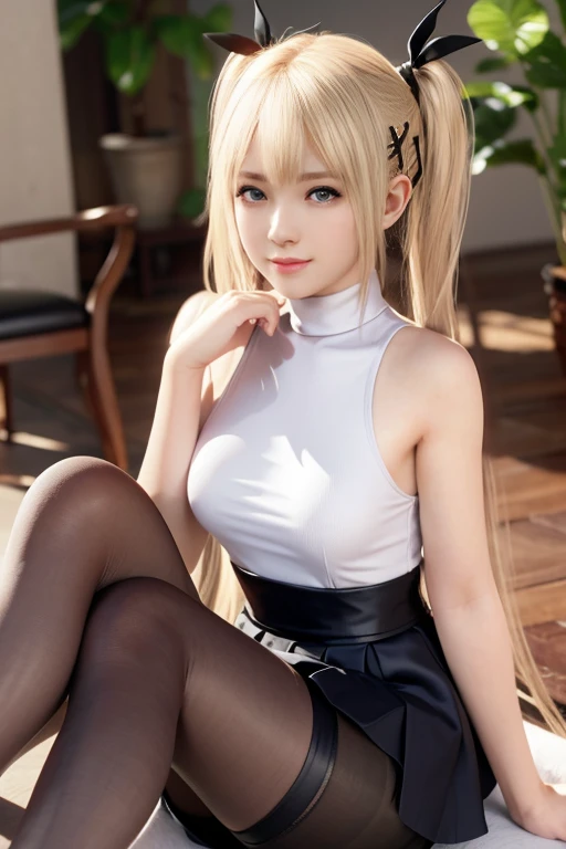 Beautiful girl, 25 years old, blonde, long hair, pigtails, lying on the living room rug, tight dress, mini dress, garter belt, tights, 7\8 stockings, best quality, ultra high resolution, depth of field, chromatic aberration, caustics, wide light, natural shadow,