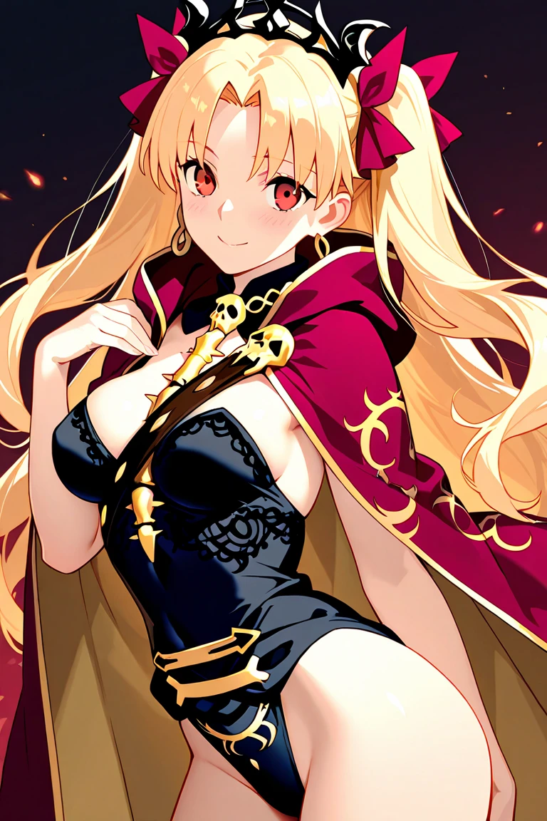Ereshkigal, Ereshkigal, Blonde hair, earrings, Hair Bow, hoop earrings, Jewelry, Long hair, Parted bangs, (Red Eyes:1.5),
Blake Anklet, Asymmetrical legwear, asymmetrical sleeves, Black legwear, Black Leotard, Black nails, Bow, Cape, diadems, gold, gold trim, hoods, cape with hood, Leotard, nail polish, Purple bow, Purple Cape, Single sleeve, single thighhigh, skull, spine, thighs thighs thighs thighs, Uneven legwear, uneven sleeves, Yellow footwear,
BREAK looking at viewer, BREAK (masutepiece:1.2), Best Quality, High resolution, Unity 8k壁纸, (Illustration:0.8), (Beautiful detailed eyes:1.6), extra detailed face, Perfect Lighting, extremely details CG, (Perfect hands, Perfect Anatomy),Naughty big、Big breasts emphasis、A smile