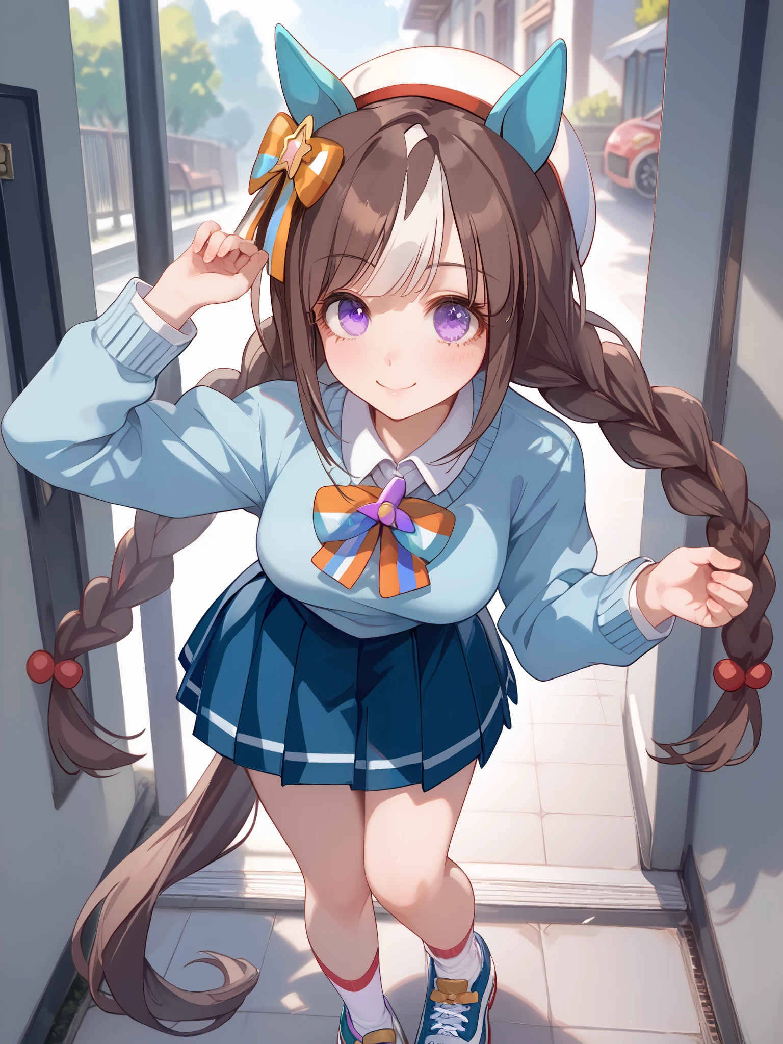 Hokko Tarumae (umamusume), brown hair, two-tone hair, twin long braids, purple eyes, horse girl, horse ears, ear cover, horse tail, white headwear, hair bow, striped bow, white shirt, blue sweater, neck ribbon, ribbon, long sleeves, pleated skirt, blue skirt, white socks, shoes, blue footwear, sneakers，，（（ standing）），（best smile），（The port town quay），（is leaning forward），I'm dyeing my cheeks a little red，Super upshot of the character，1 girl, Alone, anime style，cute girl,Best Quality, super detailed, anime style，8k, high resolution, detailed face, （Above the thighs image），Character's Upgraded Image，（（Smooth Thighs）），（（character up image from the thigh））， image from an oblique front 

