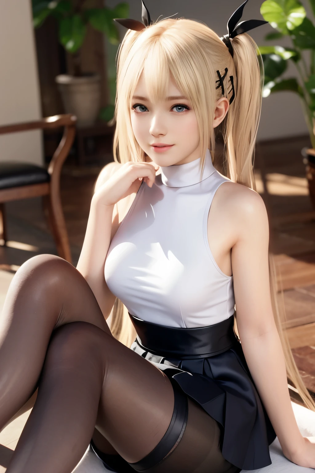 realistic、masterpiece、soft light、red low rise pencil skirt、panty shot、between the legs、blonde hair ponytail