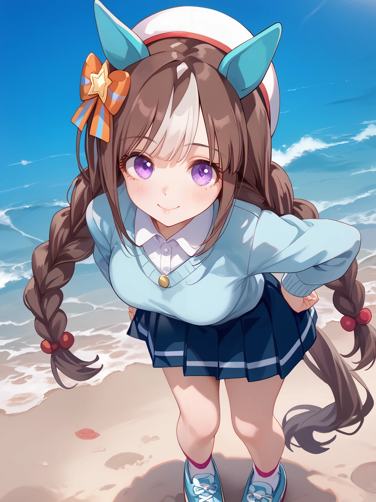 Hokko Tarumae (umamusume), brown hair, two-tone hair, twin long braids, purple eyes, horse girl, horse ears, ear cover, horse tail, white headwear, hair bow, striped bow, white shirt, blue sweater, neck ribbon, ribbon, long sleeves, pleated skirt, blue skirt, white socks, shoes, blue footwear, sneakers，，（（ standing）），（best smile），（The port town quay），（is leaning forward），I'm dyeing my cheeks a little red，Super upshot of the character，1 girl, Alone, anime style，cute girl,Best Quality, super detailed, anime style，8k, high resolution, detailed face, （Above the thighs image），Character's Upgraded Image，（（Smooth Thighs）），（（character up image from the thigh））， image from an oblique front 

