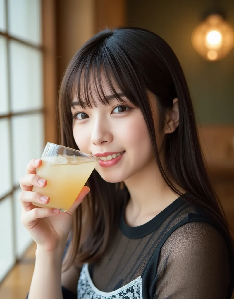 A very cute face like an idol、Looks like a young face、20-year-old female、Gentle and cute、A kind smile、Cleavage、A toast at a lively izakaya、Natural Lighting、whole body、RAW Photos、Genuine、Artistic、Real Stick、High resolution、Genuine Life、No copyright notice
