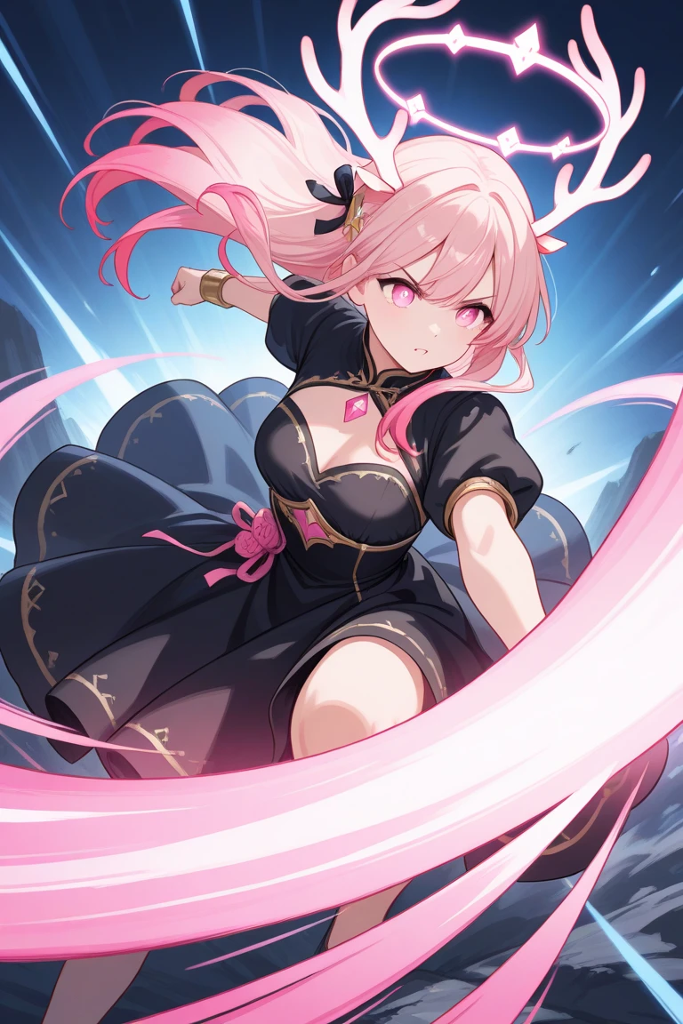 Mash Shielder is a girl with shoulder-length pink hair., algumas mechas caem sobre o seu olho direito, your eyes are violet, ela tem uma pele clara. Ela usa uma armadura preta com detalhes roxos, que cobre a maior parte do seu corpo, exceto o rosto, the neck and arms. She also wears a black skirt with a side slit., meias pretas e botas roxas. Mash has a delicate appearance, but shows strong determination, Mash is a voluptuous and attractive young woman, carrega um grande escudo irregular chamado Lord Chaldeas semelhante a uma cruz proporcional ao corpo da jovem, the shield has a circular symbol in the center.