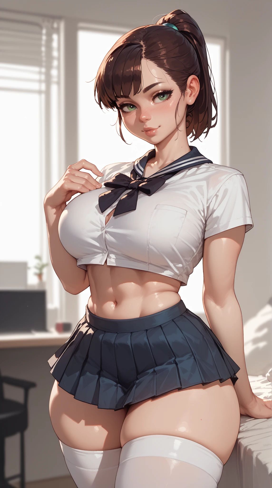 8K,Highest Quality,BREAK,1 female,leaning back,BREAK,glasses,black short hair,BREAK,short sleeved white sailor suit,underboob,BREAK,very short pleated mini skirt,lowrise,BREAK,(black thighhigh stocking),highheel short boots,BREAK,large breasts,beautiful abs:1.3,muscular legs,very slim body