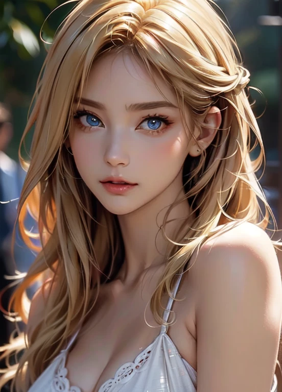 A beautiful woman and she has long, blonde hair with blue eyes and she has white skin and small noses. The dragon&#39;s shape is green and Japanese and the background has a casserole with a red moon 