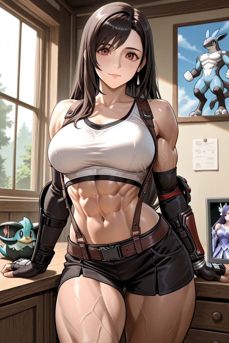 Best quality, masterpiece, portrait, female soldier, muscular, petite, ripped abs, sweaty, bikini top, pants, ponytail, bangs, small boobs, sexy body