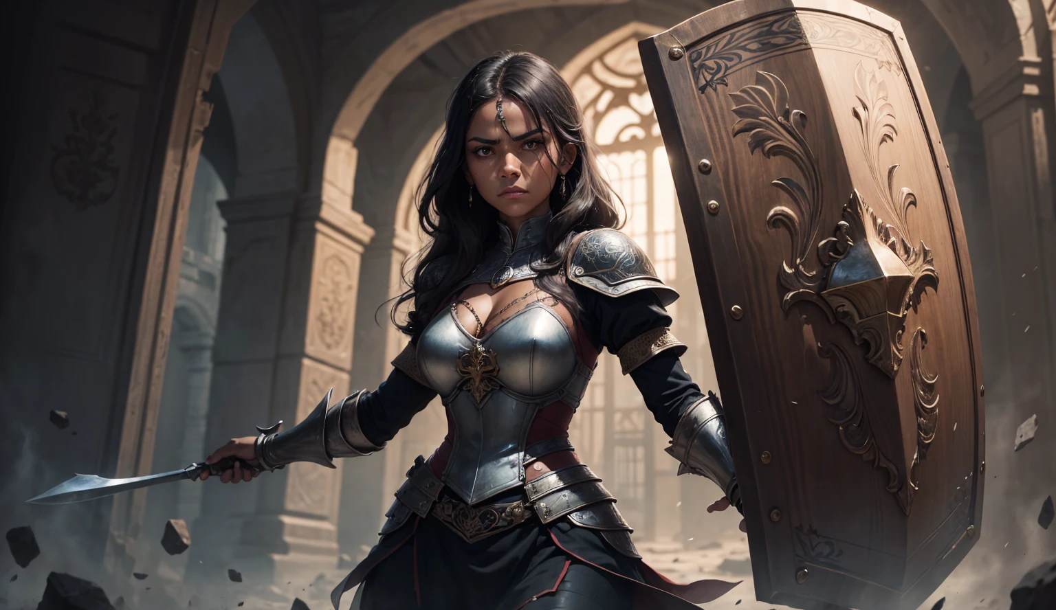 (work of art:1.2), (best qualityer:1.2), 8k, HDR, ultra detaild, ((photorrealistic)), professional light, cinematic lighting, fashion shooting, ambient lighting, fund, a dark medieval dungeon, darkness, epic photo, fire, staircase, A thief in cloth armor, holding a golden dagger with both hands.