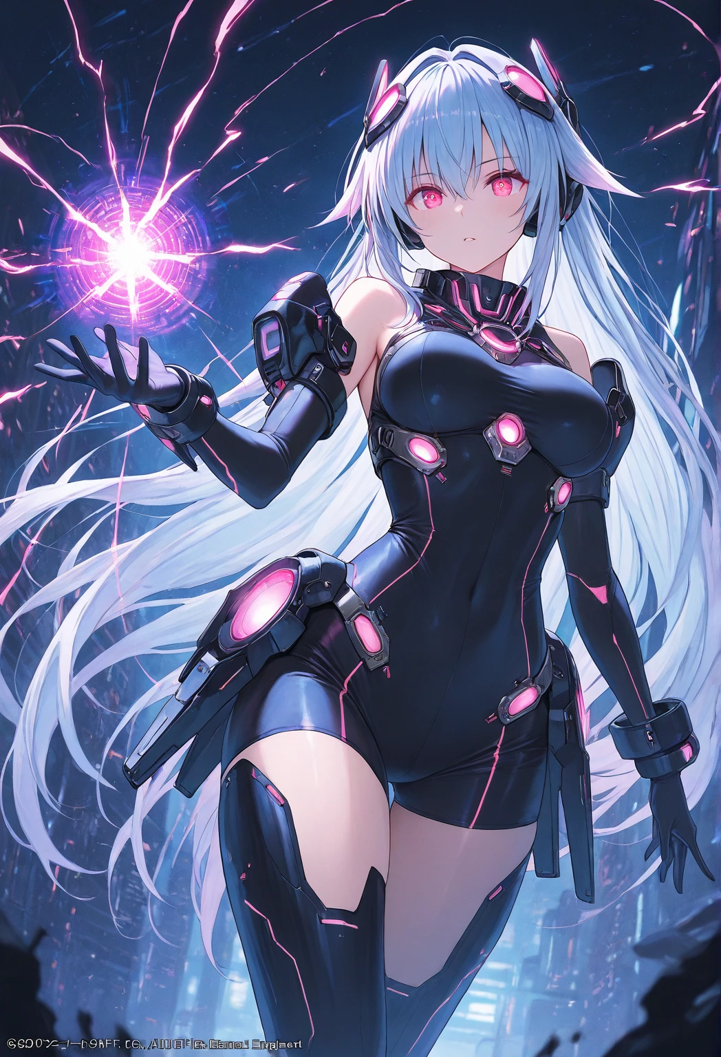 1girl in, Superhero,  long boots, gloves, medium breasts, glowing body, the light that surrounds her body, light Particle, Space background, floating, Cowboy Shot, Full body shot, super powers, Perfect Anatomy.
